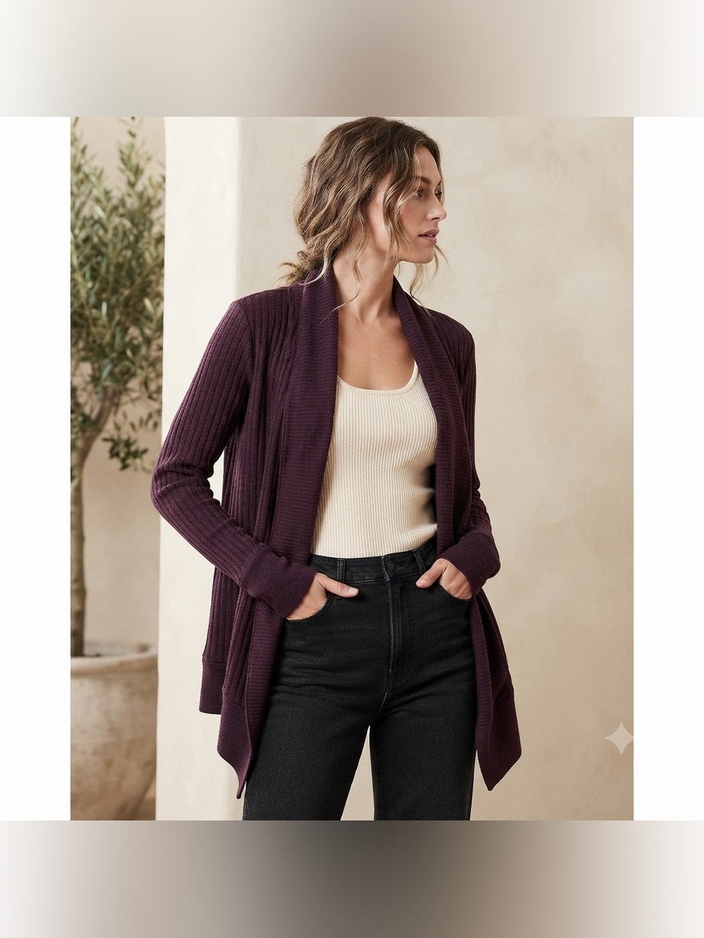 Athleta Tiburon Ribbed Knit Waterfall Cardigan Purple Size M Excellent Condition
